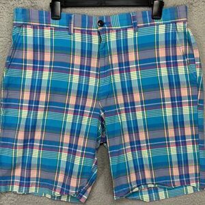 Tommy Hilfiger Shorts Mens 36 Teal Madras Plaid Khakis Classic Fit‎ Flat Front